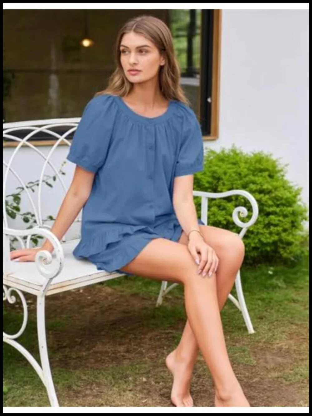 Cotton Ruffle Pajama Set for Women Button Up Short Sleeve Sleepwear